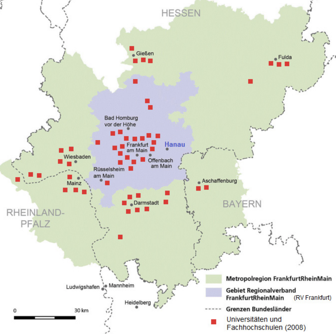 Karte der Metropolregion FrankfurtRheinMain mit Universitäten und Fachhochschulen 2008.